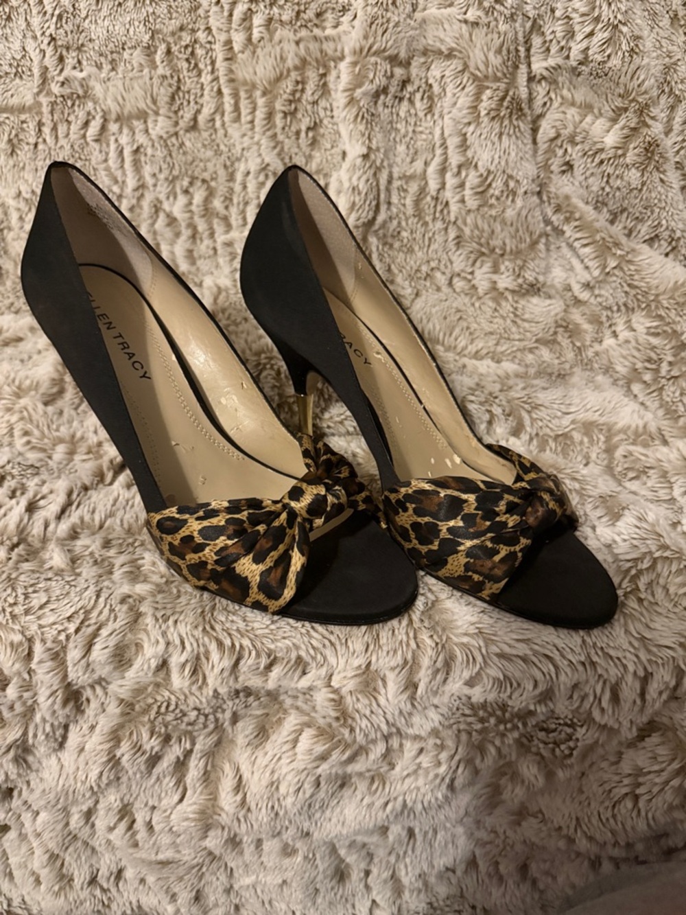 Ellen Tracy Black Heels with Leopard Fabric Bow Accent